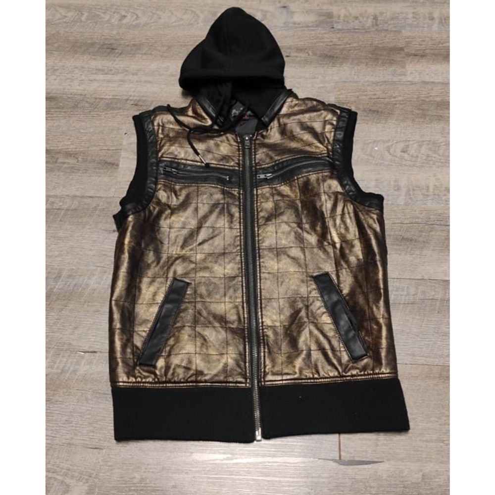 G by Guess Metallic Gold Faux Leather Hooded Vest Y2K Streetwear Men’s